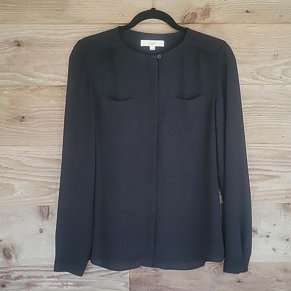 Loft Black Collarless Button Up Top Size Small